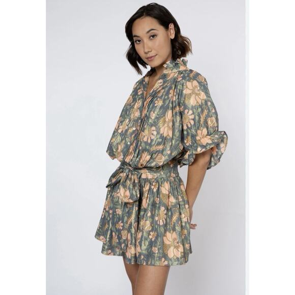 JULIET DUNN Floral Print Lamé Blouson Dress Size 3 Green Orange Button Front EUC - Picture 1 of 7